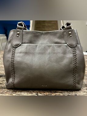 The Sak Gray Pebbled Leather Shoulder Bag with Stitch Trim